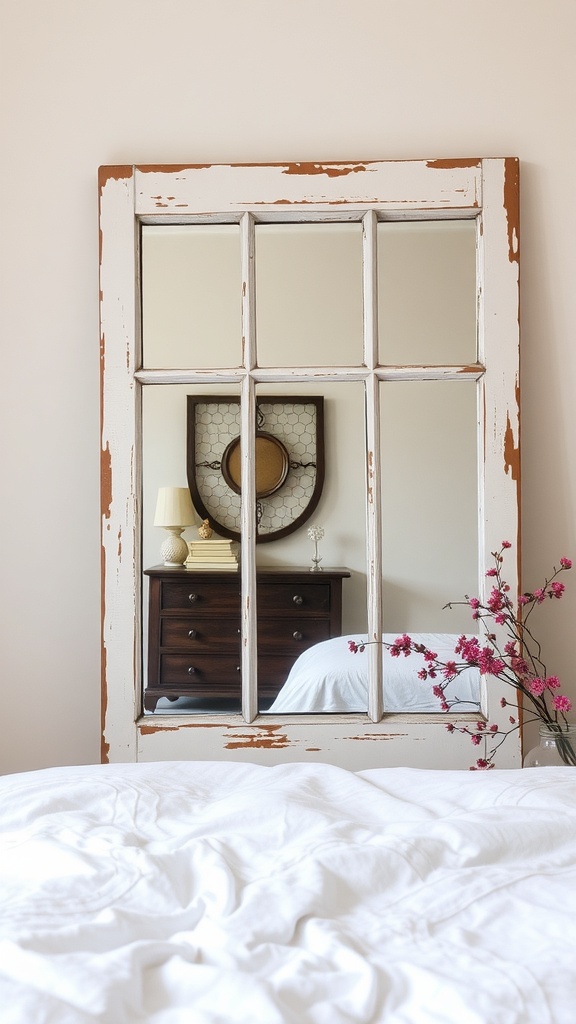 A repurposed window frame mirror reflecting a cozy bedroom setting.