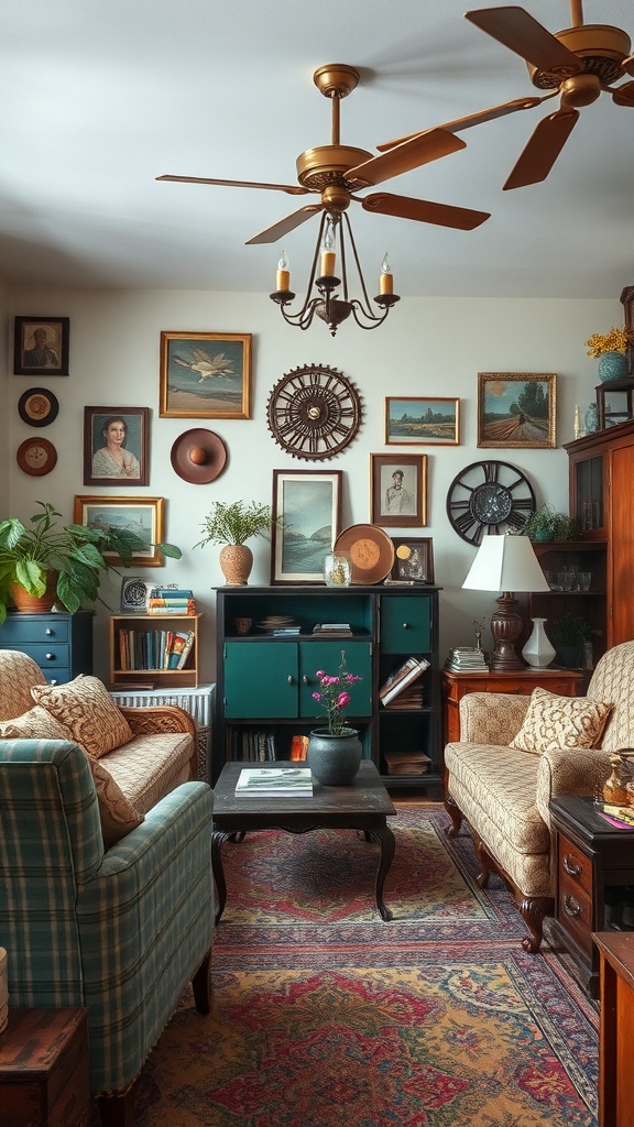 A cozy living room with vintage decor, featuring a mix of framed art, plants, and comfortable seating.