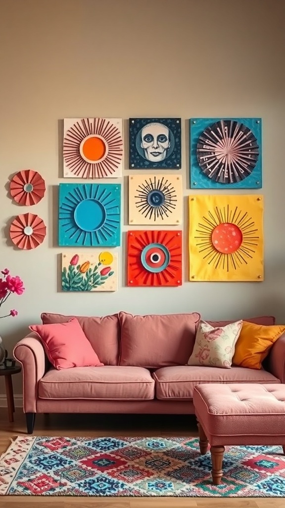 Colorful DIY wall art displayed in a living room with a pink couch and patterned rug.