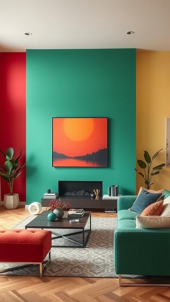 Living room with colorful accent walls in teal, red, and yellow.