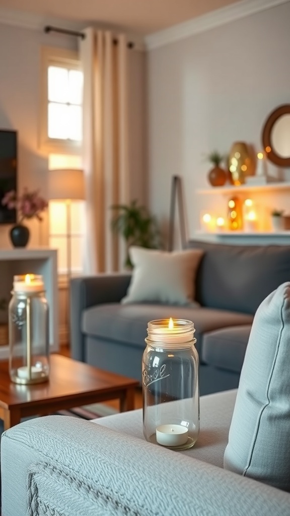 A cozy living room with DIY candle holders made from mason jars, featuring lit candles on a coffee table and a comfortable couch.