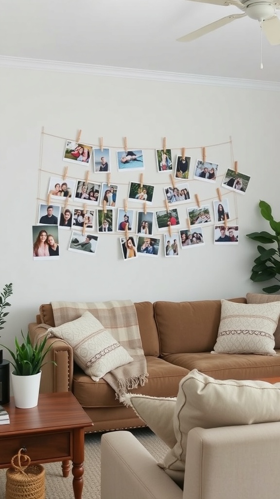 A cozy living room with a photo display made of string and clothespins, featuring various family and friend pictures.