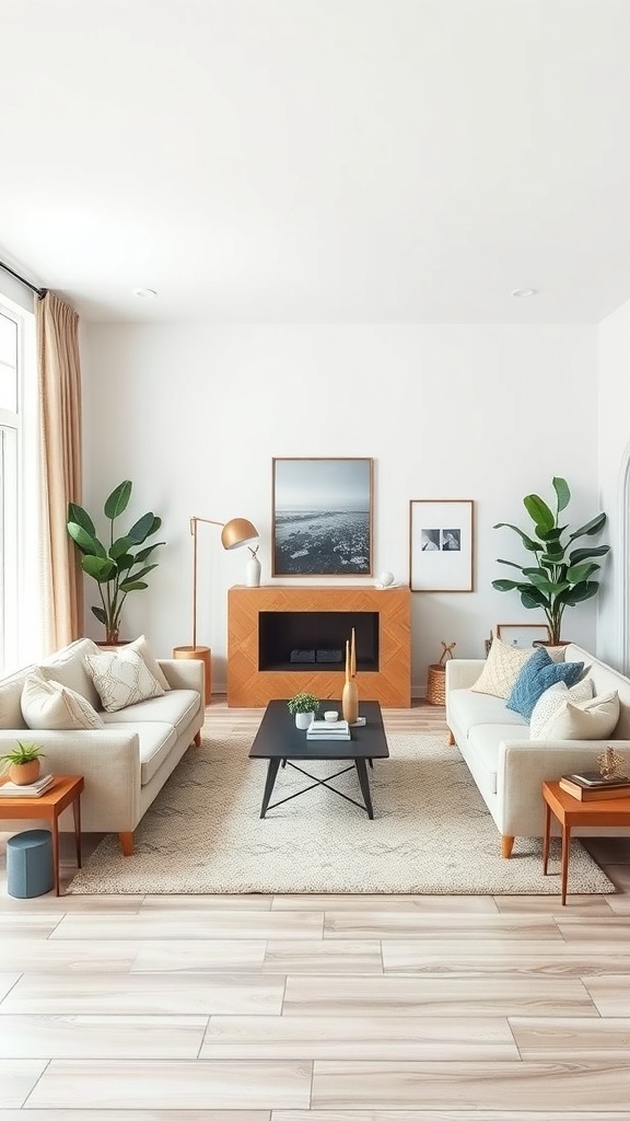 A stylish living room with two sofas facing each other, a coffee table in the center, and plants for decoration.