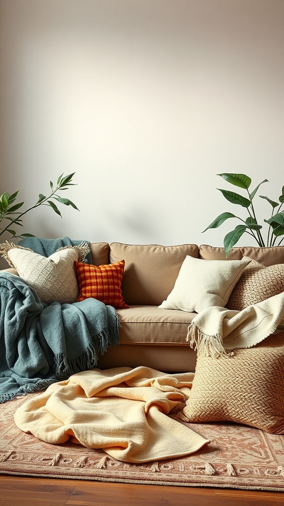 A cozy living room with textured fabrics including blankets and pillows on a couch.