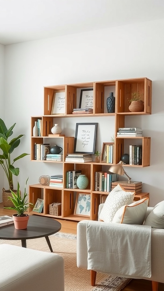 A stylish living room featuring repurposed wooden shelving filled with books and decorative items.
