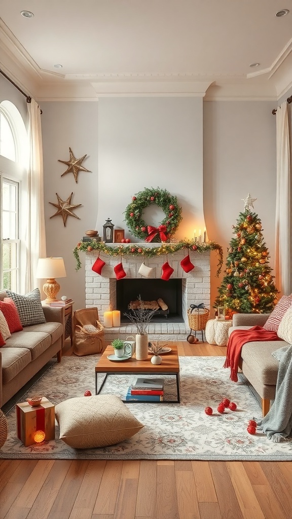 Cozy living room decorated for the holidays with a Christmas tree, stockings, and festive decor.