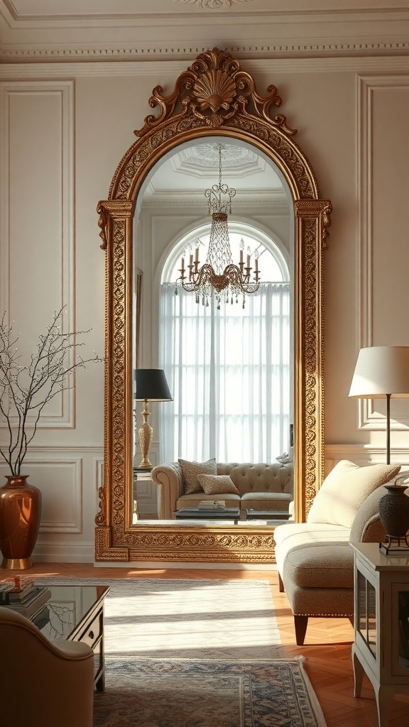 A beautifully framed decorative mirror in a stylish living room setting.