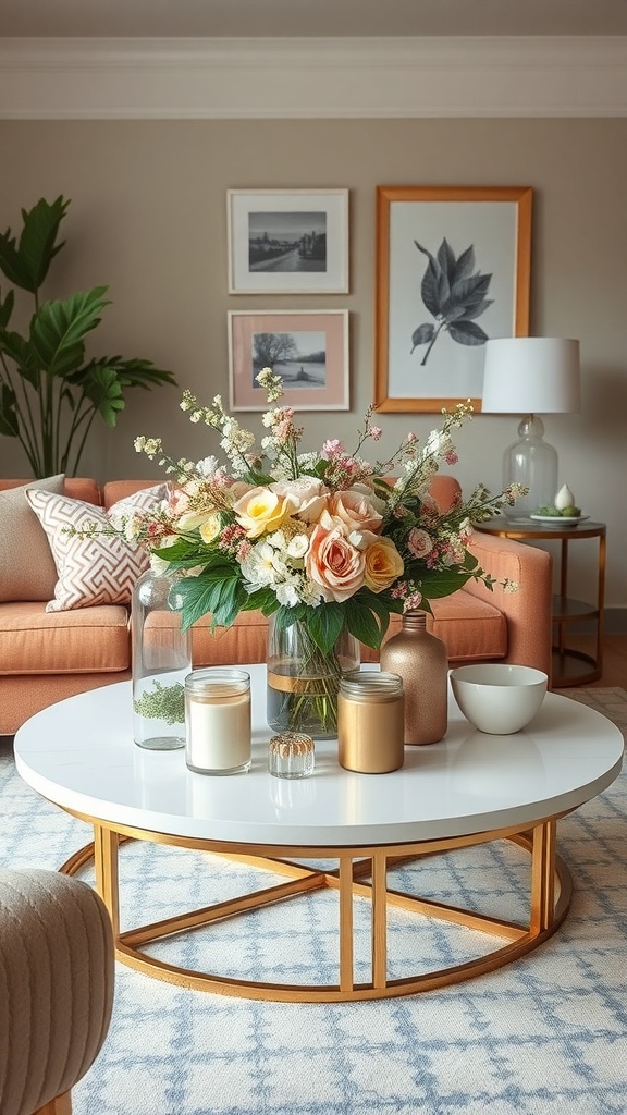 A chic coffee table centerpiece featuring a floral arrangement, candles, and decorative items.