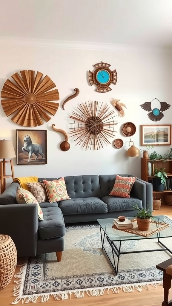 A cozy living room featuring artisan craft decor, including woven wall hangings and wooden accents.
