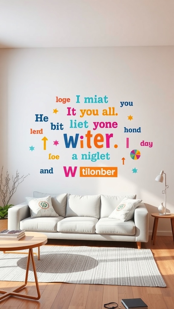 Colorful wall decals with playful text on a living room wall.