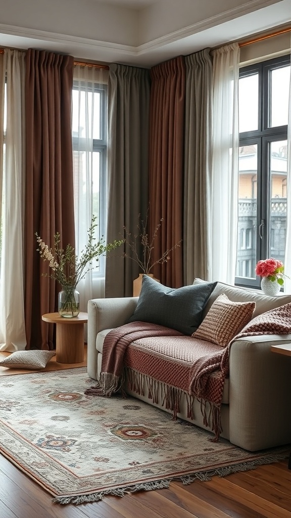 A cozy living room with a sofa, throw pillows, and a decorative rug.