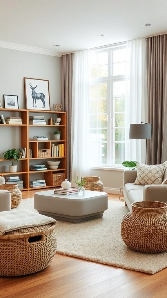 A cozy living room featuring functional storage solutions like woven baskets and a wooden shelf.