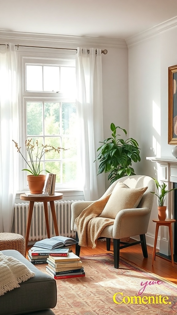 Cozy reading nook with a chair, books, and plants