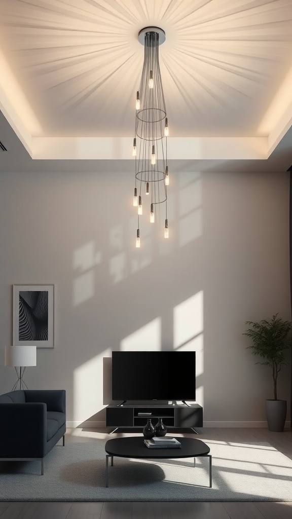 A modern living room featuring a stylish hanging light fixture with multiple bulbs.