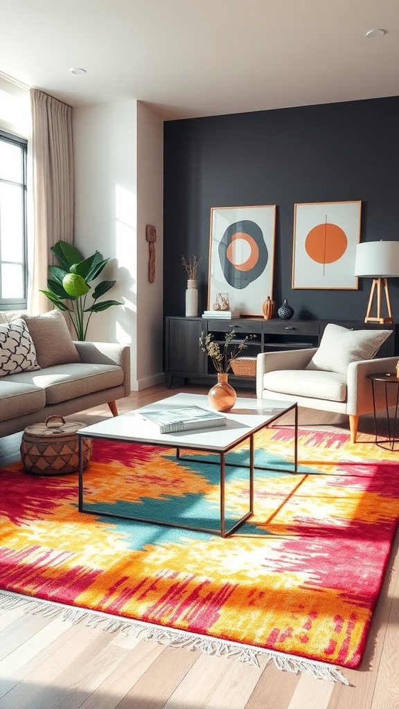 A contemporary living room featuring a colorful area rug with vibrant patterns.