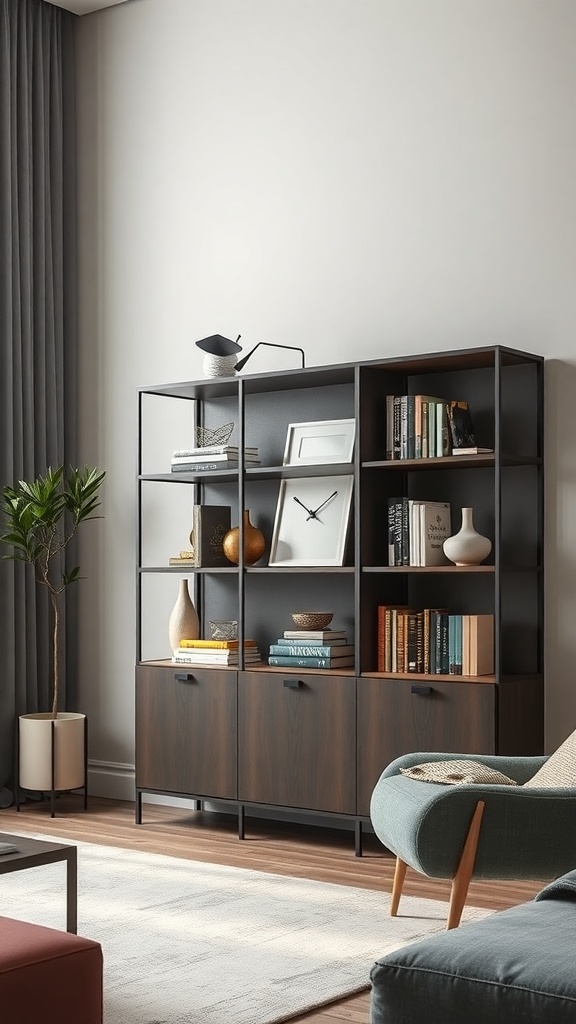 Stylish bookshelf with decorative items and books in a contemporary living room.