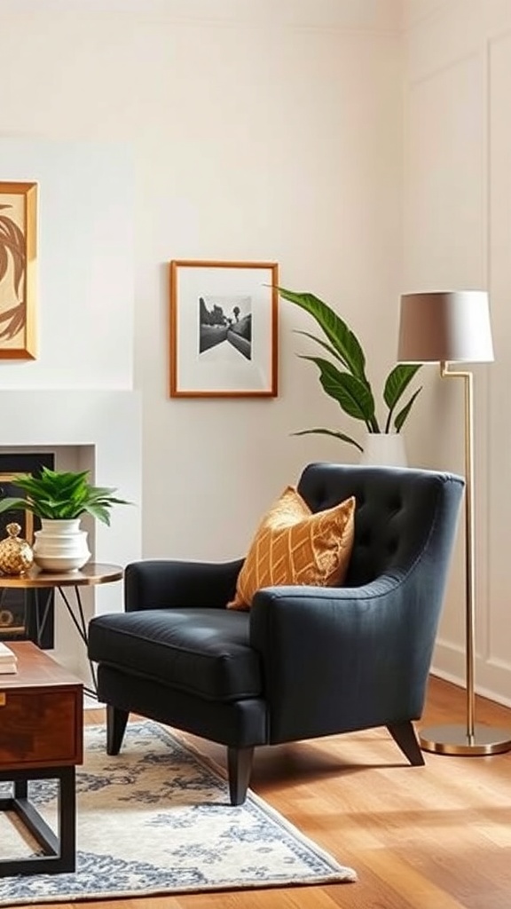 A stylish black armchair with a decorative orange pillow, next to a small table and a plant.