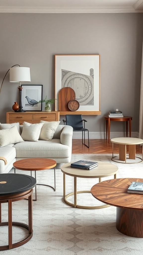 A contemporary living room featuring various eclectic side tables in different styles and materials.