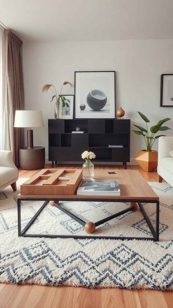 A minimalist living room featuring a unique coffee table with a wooden top and metal frame.