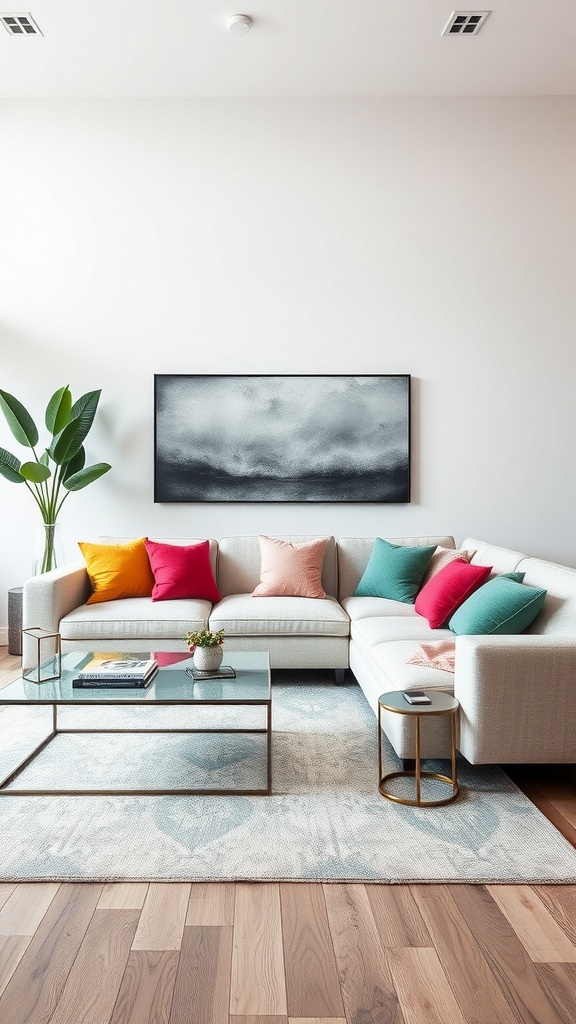 A modern living room featuring a sleek modular sofa with colorful cushions, a glass coffee table, and a plant.