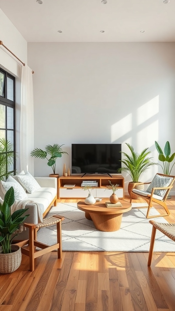 A bright and airy living room featuring sustainable furniture and plants.