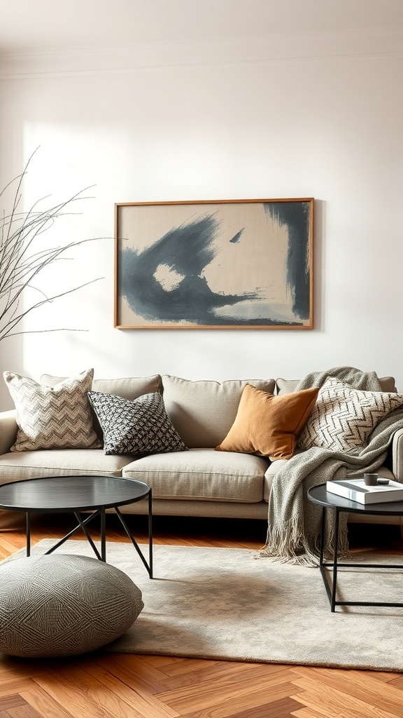 A cozy living room with a beige sofa adorned with various cushions and a soft throw, complemented by a stylish coffee table and a warm rug.