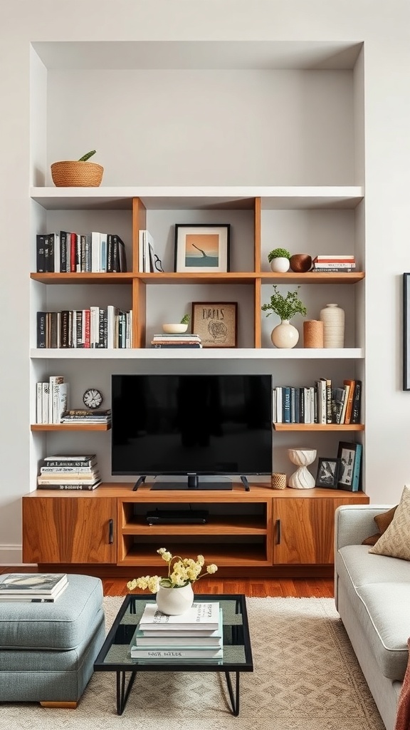 A contemporary living room featuring open shelving with books and decorative items.