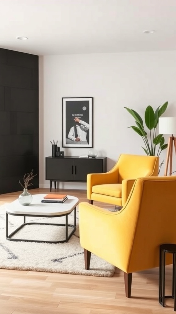 A bright yellow accent chair in a modern living room setting.