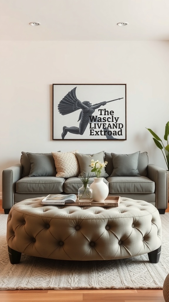 A chic tufted ottoman in a contemporary living room setting, paired with a gray sofa and decorative elements.