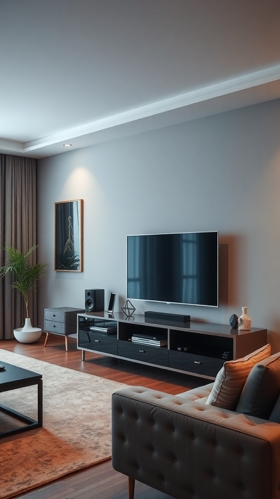 A contemporary living room featuring a sleek entertainment center with a large TV, stylish decor, and a cozy seating area.