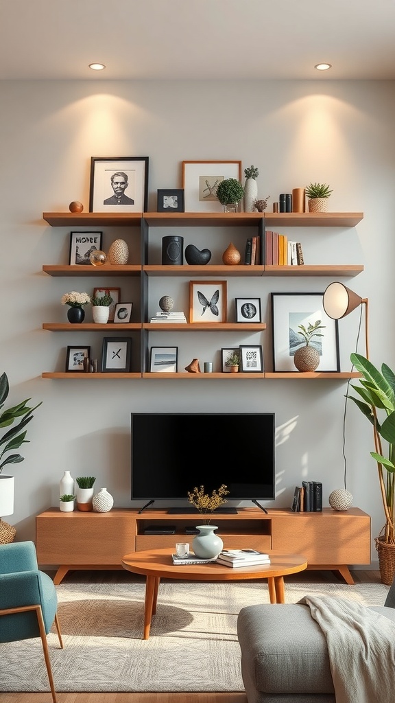 A contemporary living room featuring artistic wall shelves displaying various decor items.