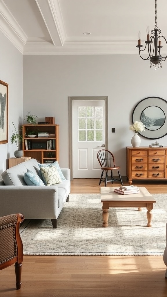 A cozy living room featuring vintage-inspired furniture, including a wooden coffee table and an armchair.