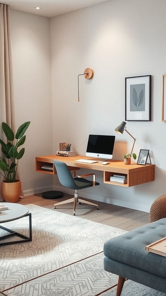 A stylish floating desk setup in a contemporary living room with a computer, chair, and decorative elements.