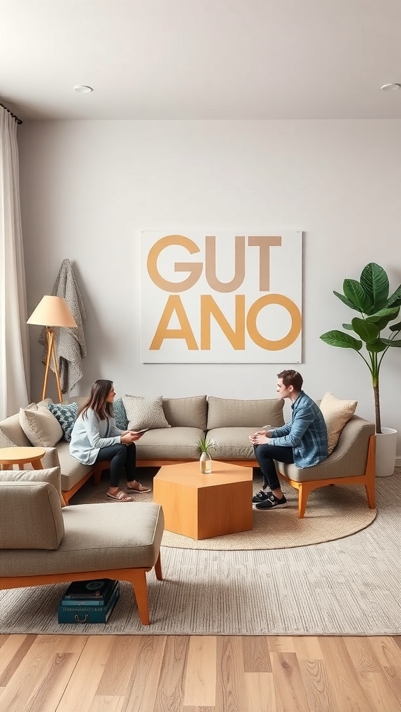 A modern living room with two people sitting on a sofa, engaging in conversation.