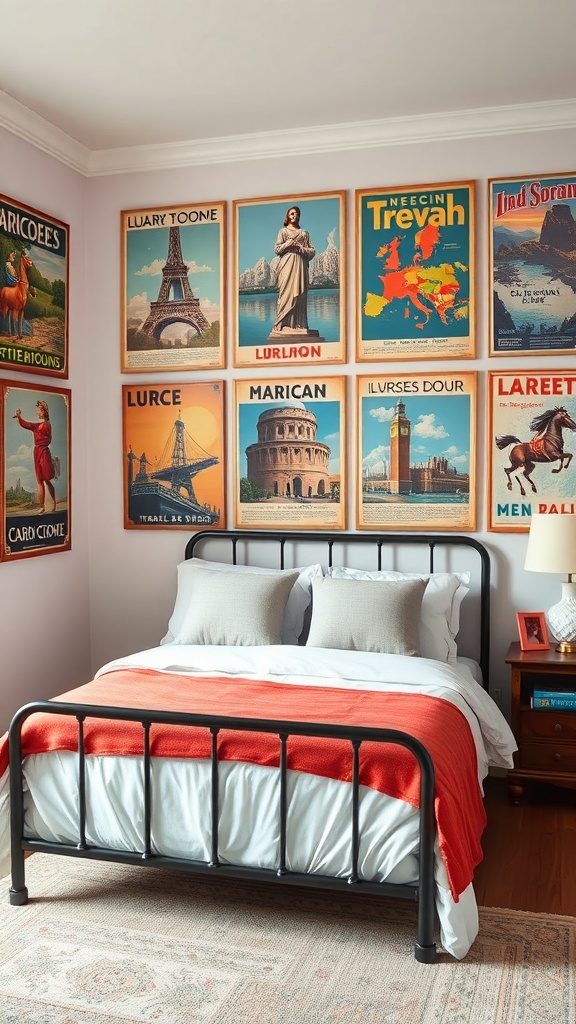 A bedroom featuring vintage travel posters on the wall, with a bed and cozy decor.