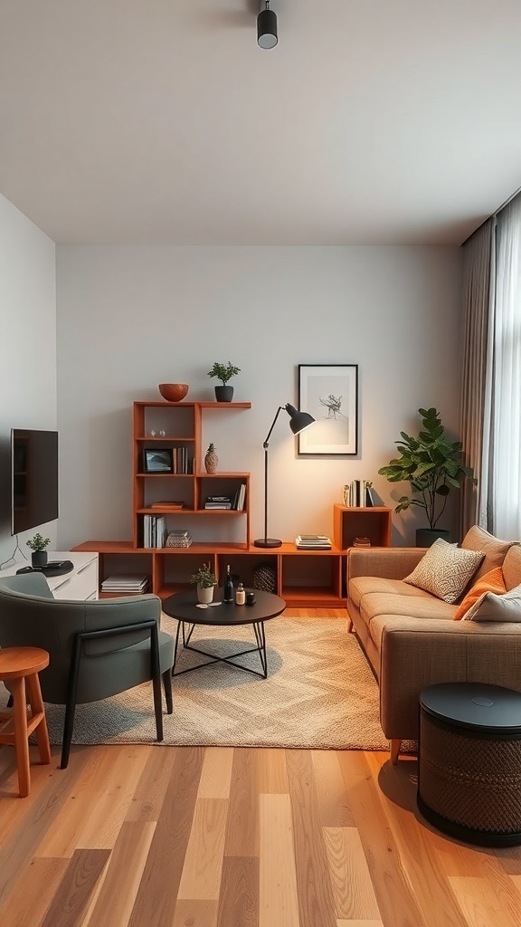 A modern living room featuring multi-functional furniture, including a sofa, coffee table, and shelving.