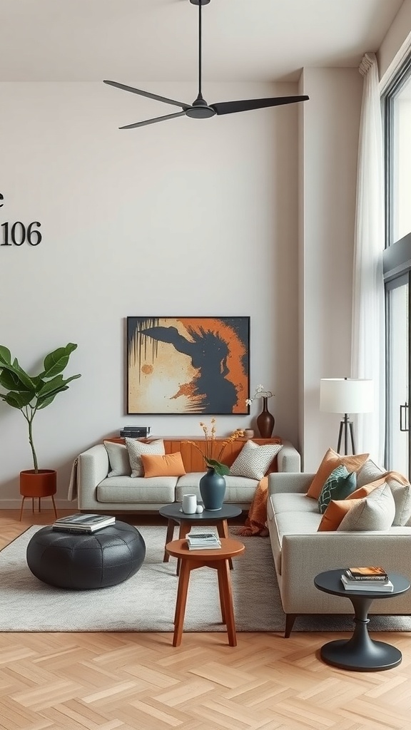 A contemporary living room featuring neutral tones with bold accent cushions and artwork.