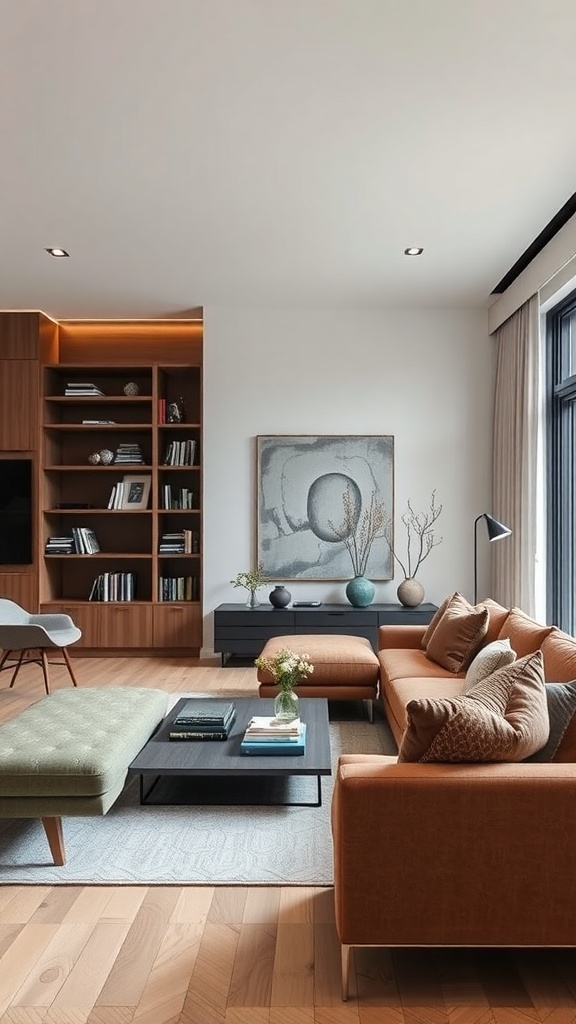 A contemporary living room featuring custom built-ins with a cozy seating area.