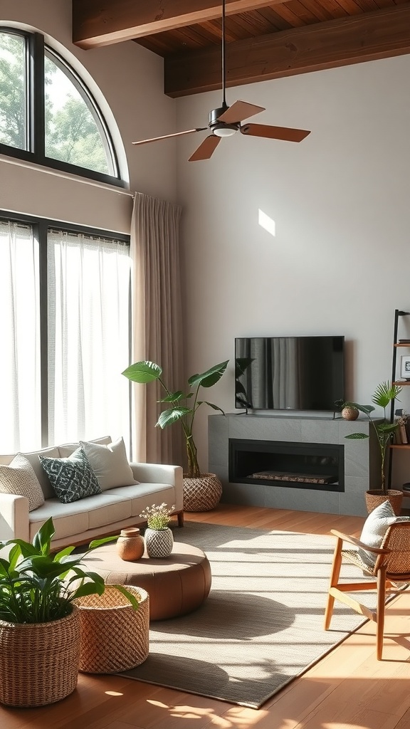 A contemporary living room with natural elements, featuring plants, a light sofa, and wooden accents.