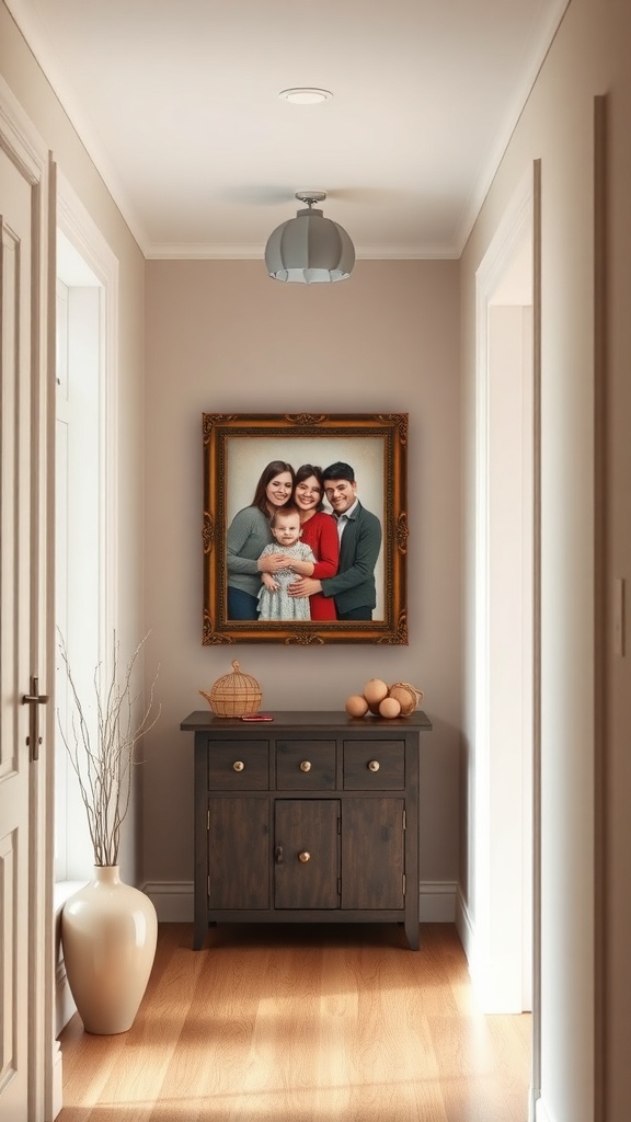 A family portrait displayed in a stylish hallway.