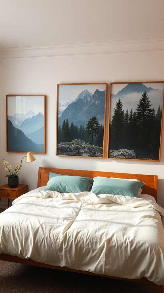 A cozy bedroom featuring nature-inspired landscape wall art with mountains and trees.