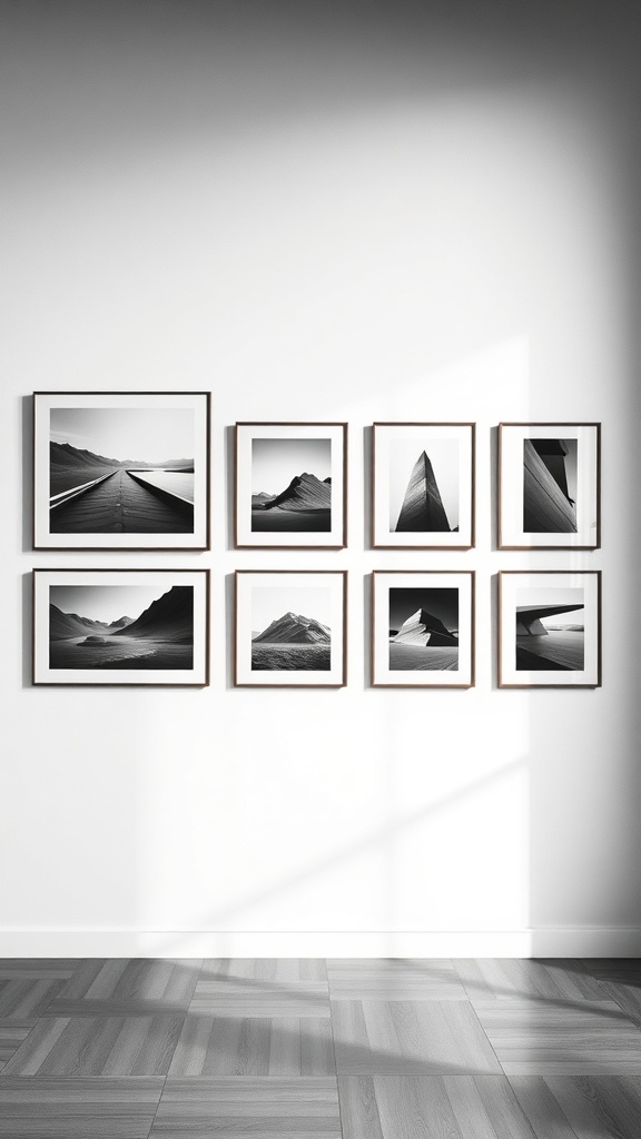 A collection of black and white photographs framed and displayed on a wall.