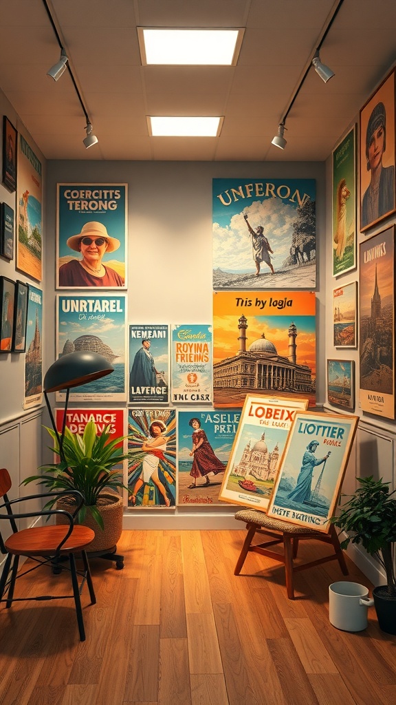 A collection of vintage travel posters displayed on a wall, featuring various destinations and styles.