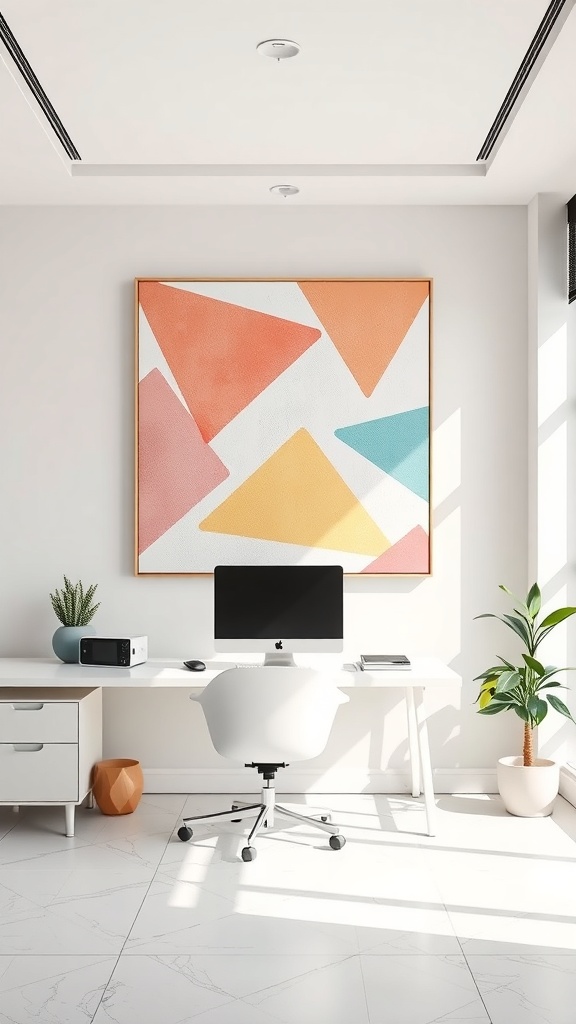 A bright abstract geometric wall art piece featuring triangles in orange, yellow, and blue colors.