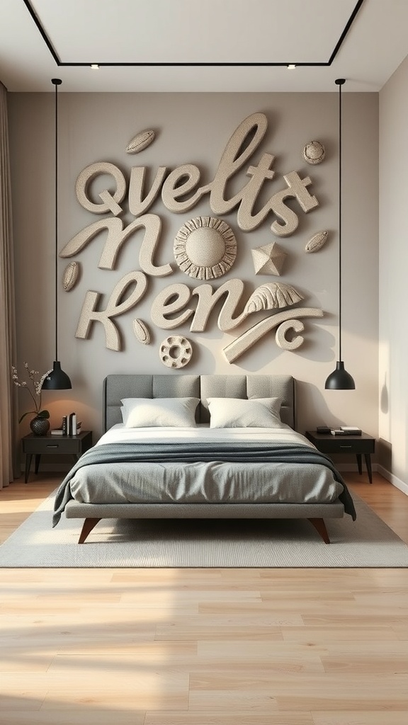 A modern bedroom featuring sculptural wall art with textured elements.