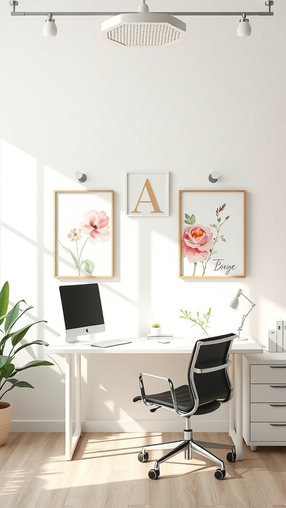 A bright and airy workspace featuring watercolor floral wall art.