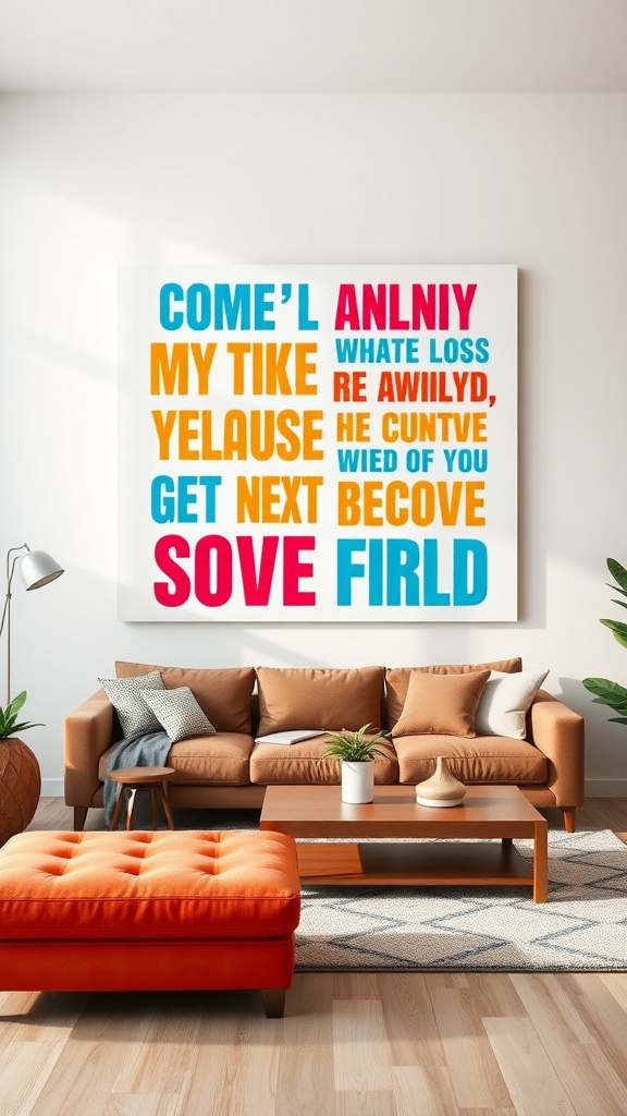 A colorful wall art piece featuring bold typography quotes in various fonts and colors.