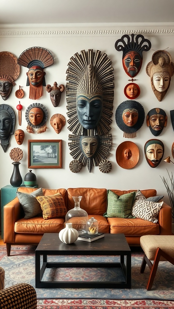 A wall adorned with various cultural masks and artifacts, showcasing unique designs and colors.