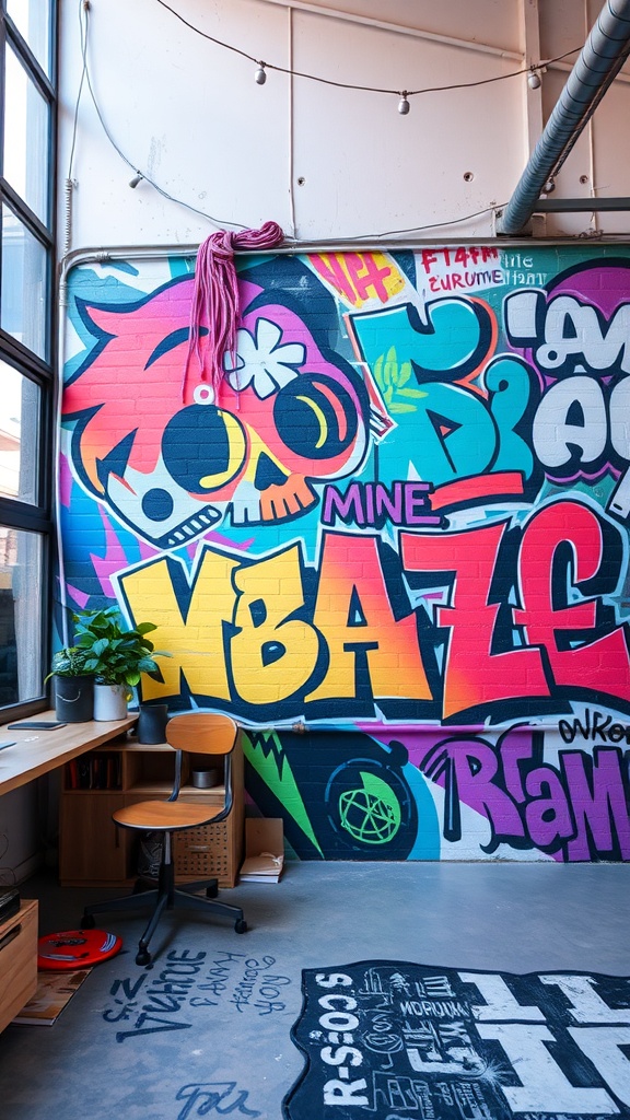 Colorful street art mural featuring a skull and playful text on a wall.