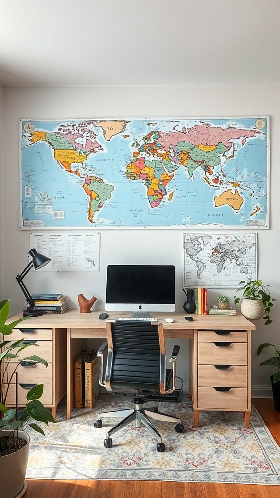 A stylish workspace featuring a large world map on the wall, with a desk and computer setup.